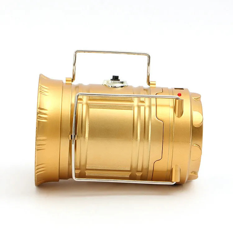 6 LED solar camping lantern with white light, two stainless steel hooks, and lightweight plastic body in black