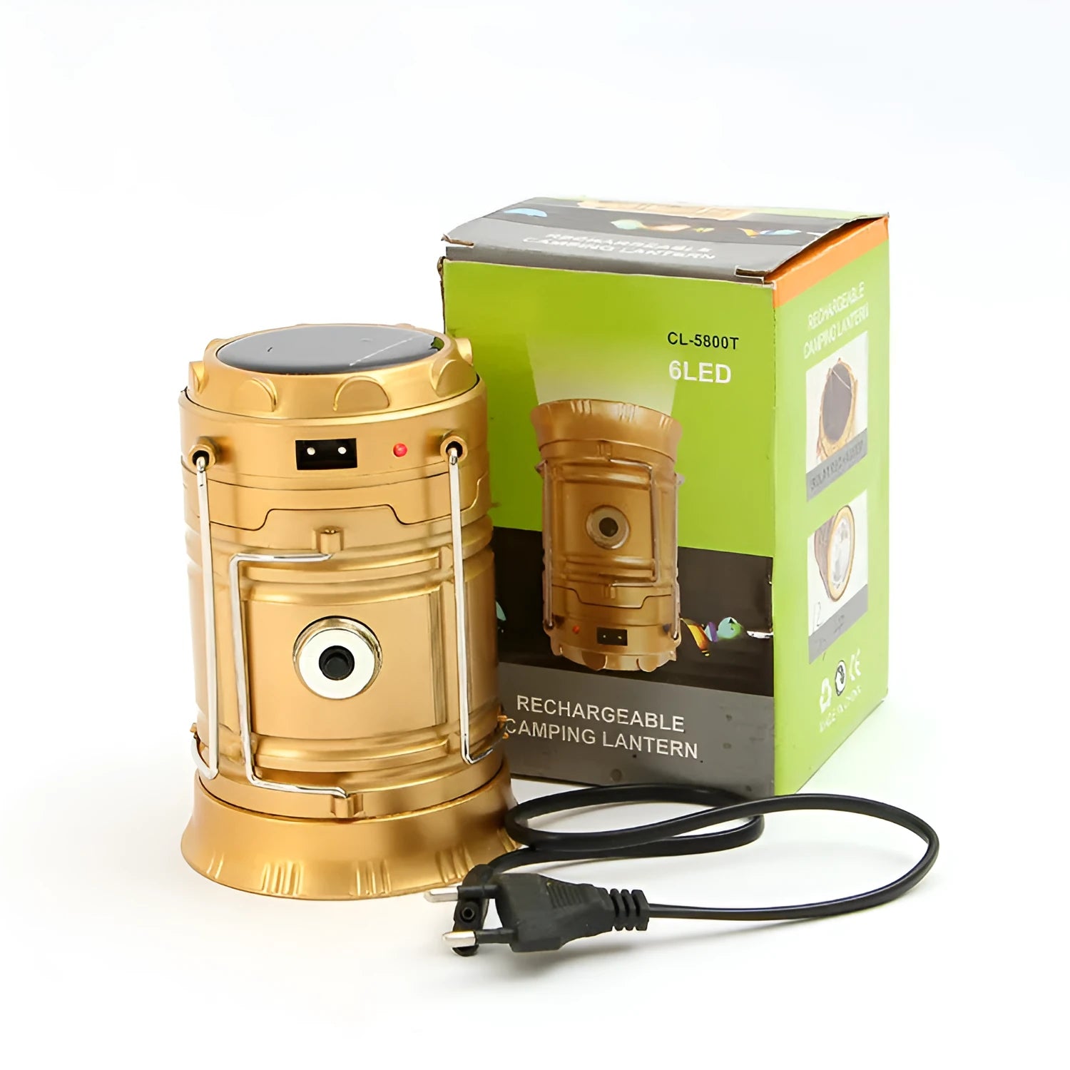 6 LED solar camping lantern with white light, two stainless steel hooks, and lightweight plastic body in black