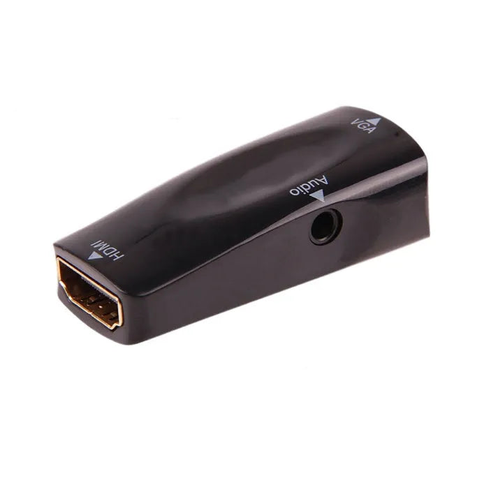 Compact black and white HDMI to VGA adapter converter showing dimensions.