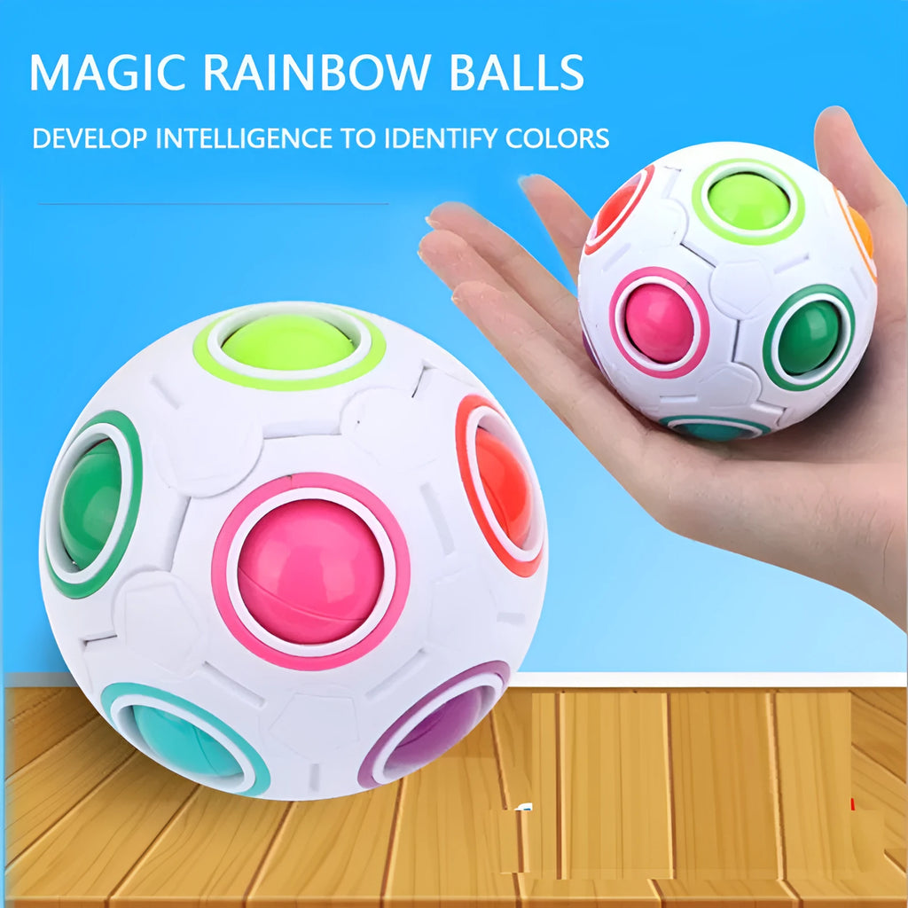 Rainbow coloured ball puzzle toy with multiple holes showing movable coloured balls inside plastic sphere