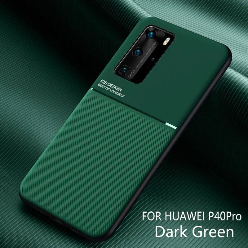 Magnetic friction phone case for Huawei P30 Pro Mate 20 in black PU leather and iron sheet back cover