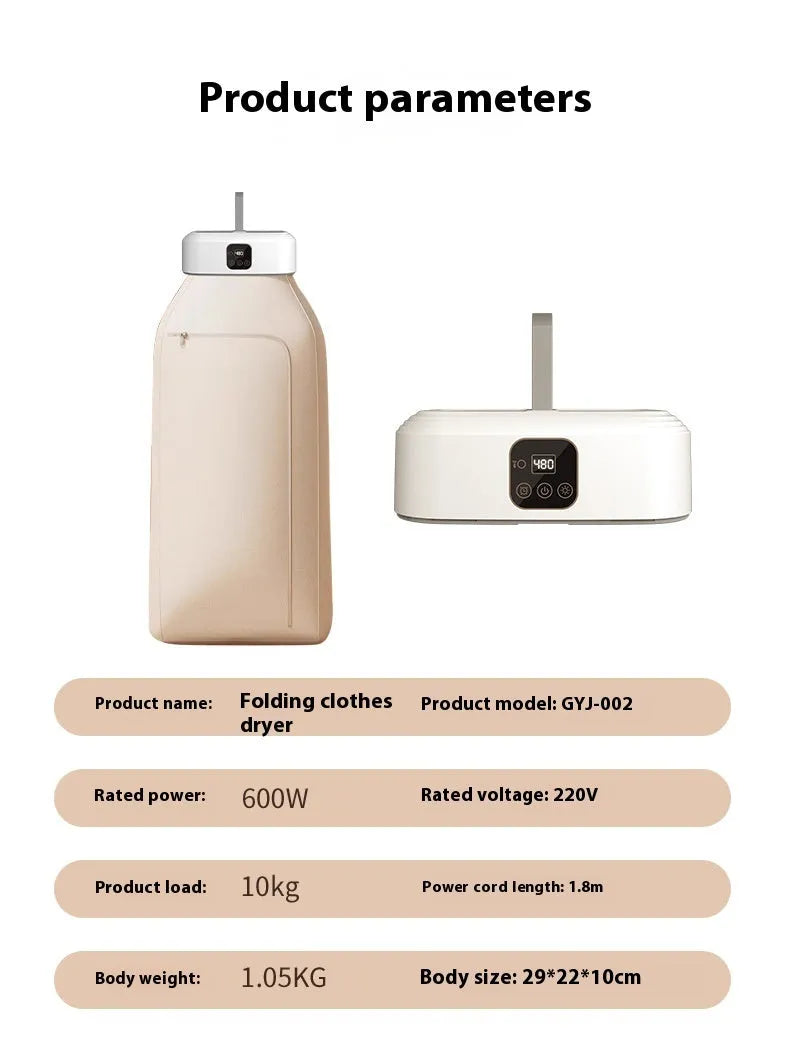 White foldable cylindrical laundry dryer with remote control on a table.