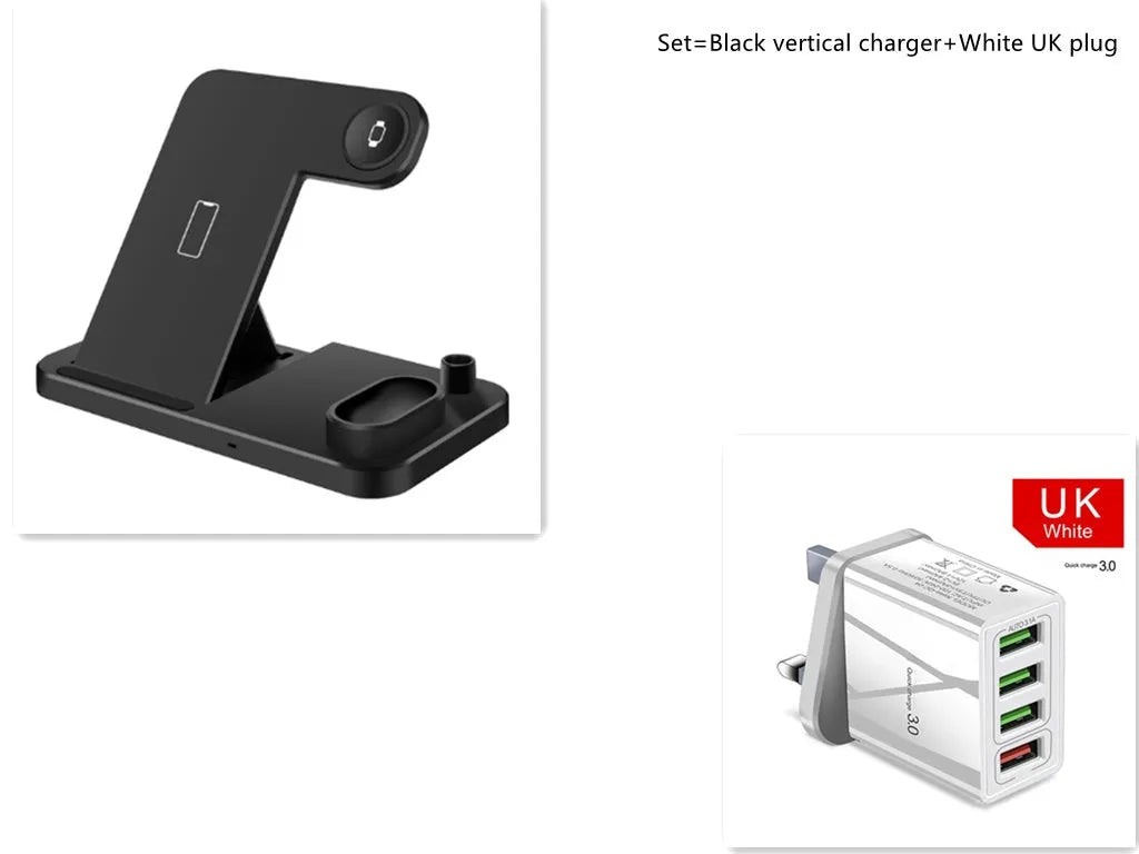 A white 4-in-1 wireless charger folded flat, showing charging pads for phone, Apple Watch, AirPods, and Apple Pencil.