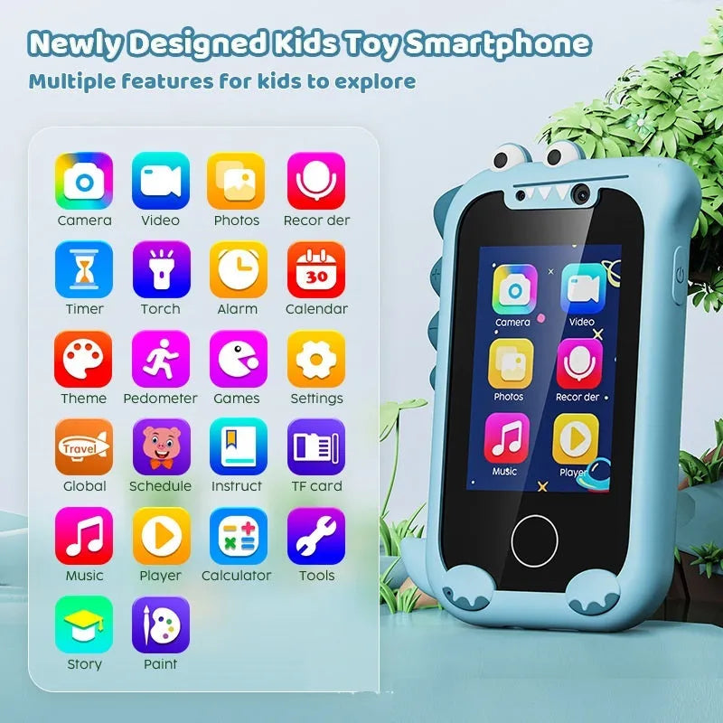 Blue and green bear-shaped handheld touch mobile phone camera toy for children on a white background