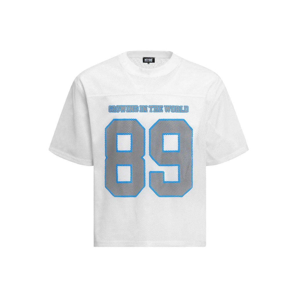 Men's black and white loose fit casual T-shirt with alphanumeric print on chest.