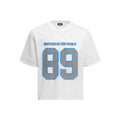 Men's black and white loose fit casual T-shirt with alphanumeric print on chest.
