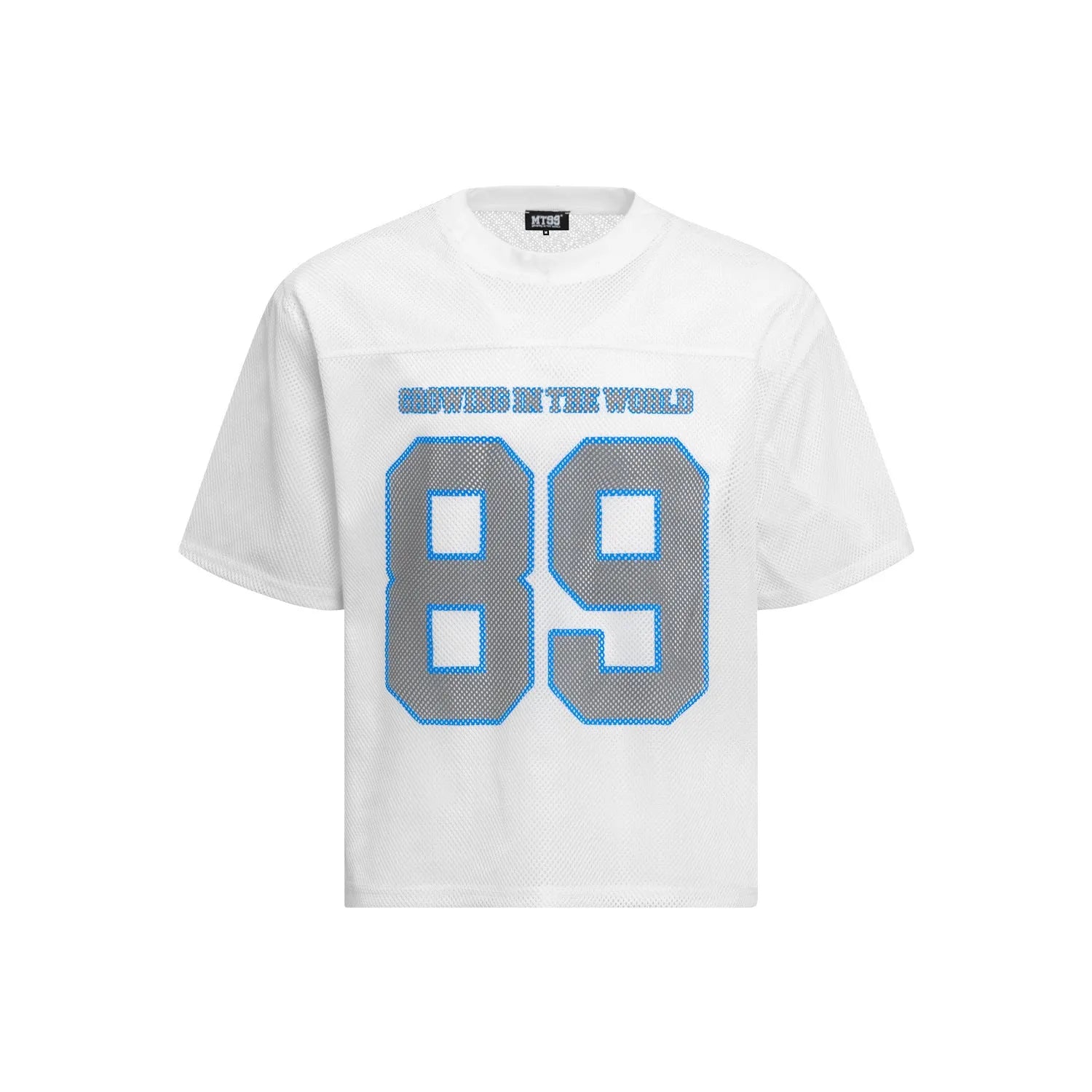 Men's black and white loose fit casual T-shirt with alphanumeric print on chest.