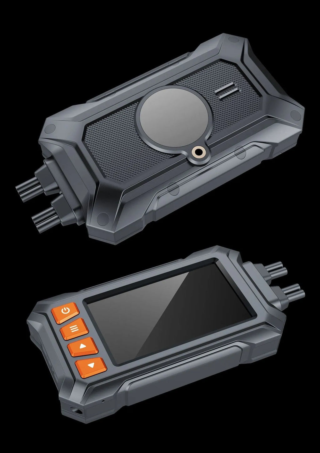 Motorcycle dash camera unit with 3 inch display, two lenses, GPS module, and installation cables.