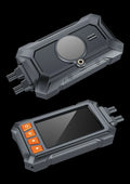 Motorcycle dash camera unit with 3 inch display, two lenses, GPS module, and installation cables.