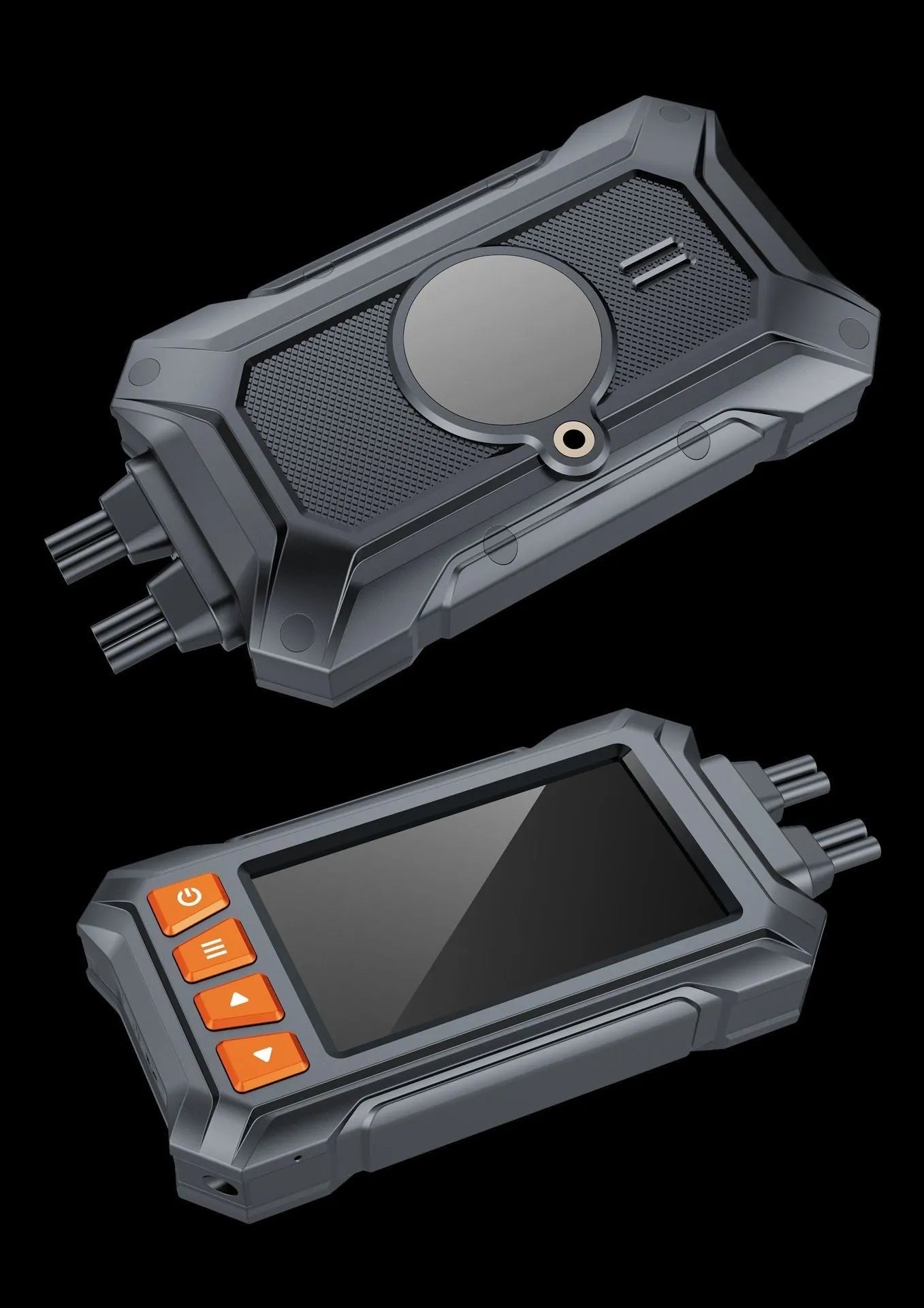 Motorcycle dash camera unit with 3 inch display, two lenses, GPS module, and installation cables.