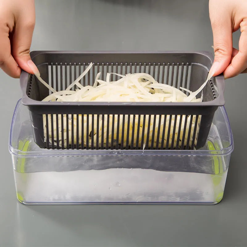 Multi-blade vegetable cutter with wheat straw body and seven stainless steel blades for slicing and dicing on a kitchen counter.