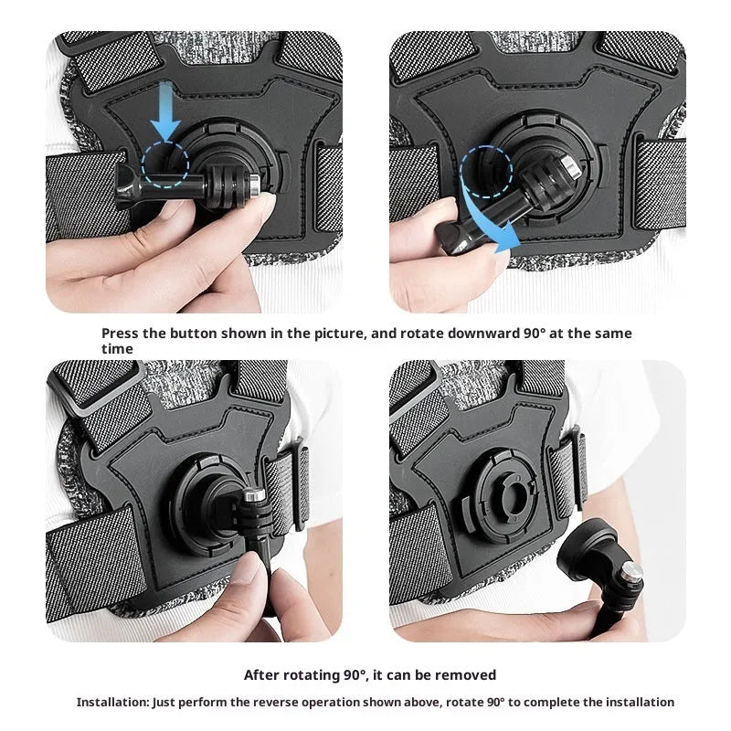 Chest mount for dual-camera action camera setup with adjustable strap, phone clip, and anti-shake rope
