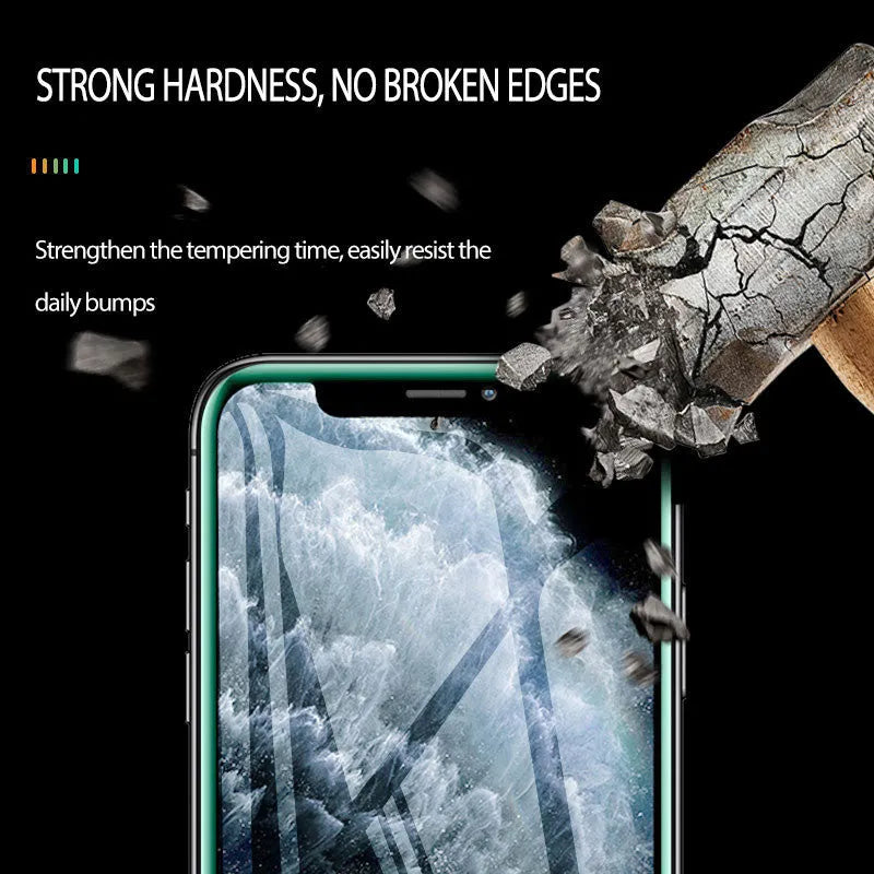 Luminous full cover tempered glass screen protector glowing softly next to an iPhone.