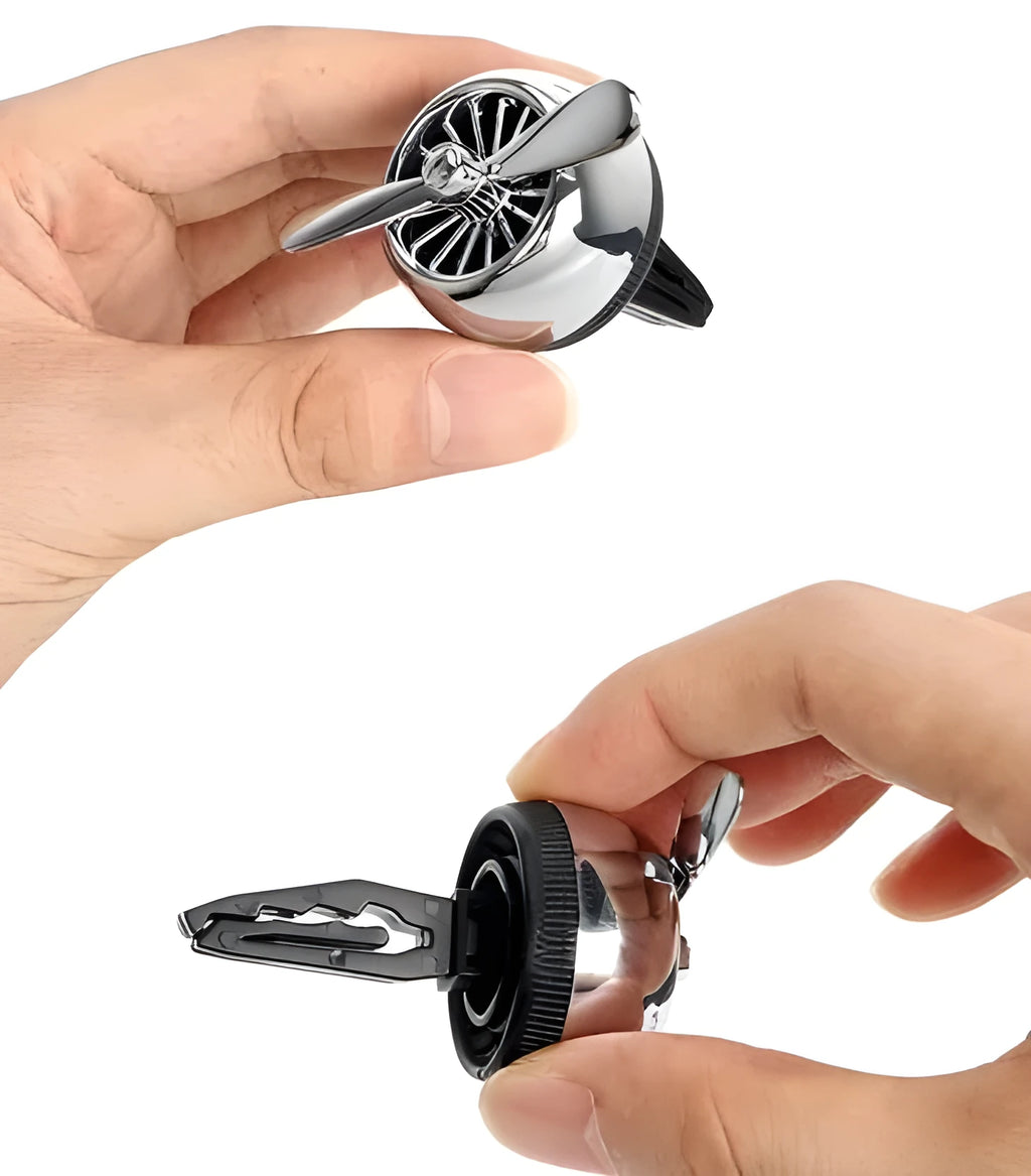 Round plastic Air Force 2 car air freshener clip with propeller in silver, Power Ocean scent