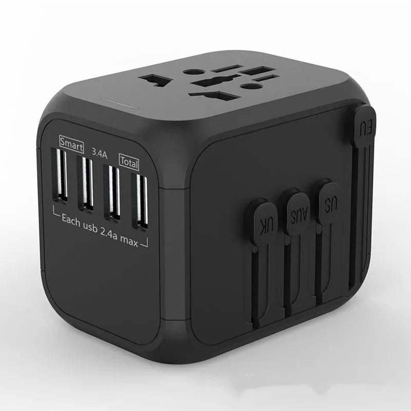 Black universal travel adapter plug with six AC ports for international sockets