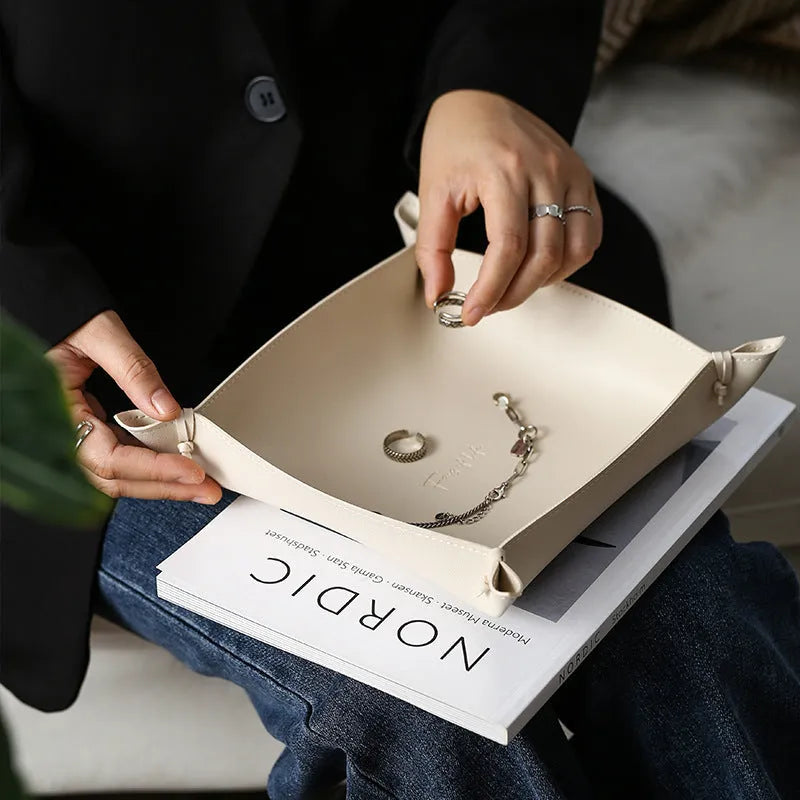 Leather storage tray with woven design, available in five colours and two sizes, 17.5x13x4.5cm and 18x22.5x4.5cm