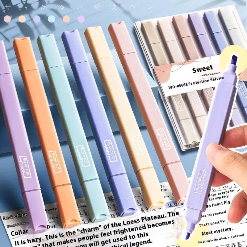 Set of double-ended fluorescent highlighting pens showing chisel and fine tips, in mixed, salt series, and sweet series colours.