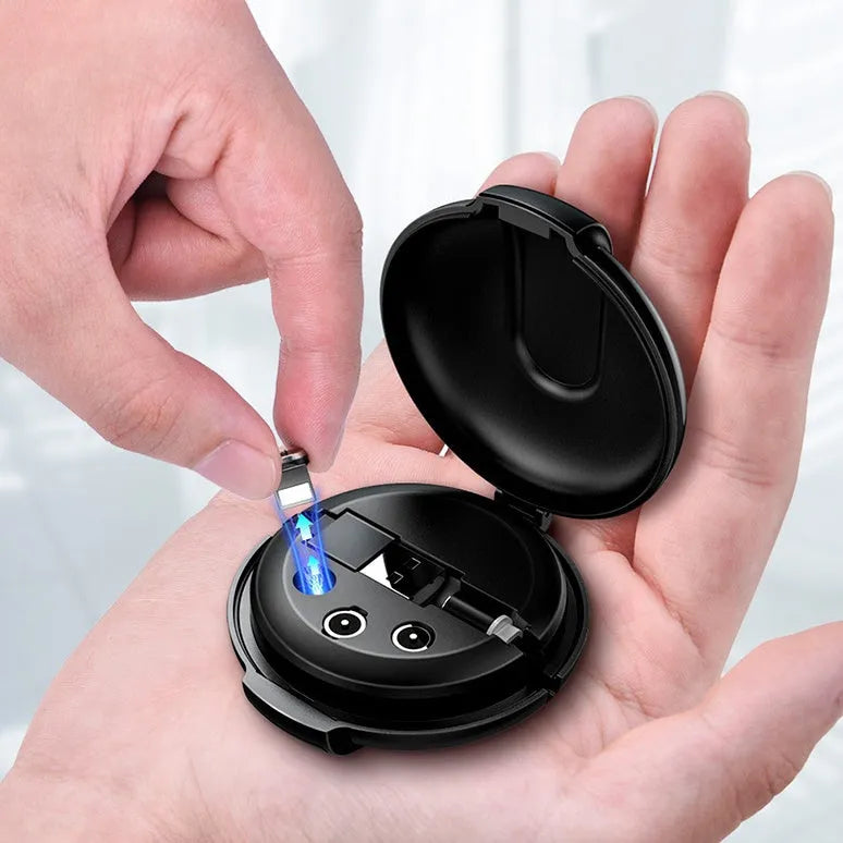 Black 3-in-1 magnetic retractable charger with car mount patch and 1-metre cable