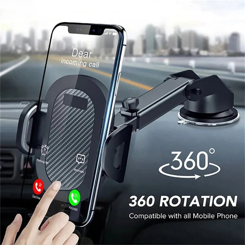 Black universal car phone holder for mobile devices between 4 and 7 inches.