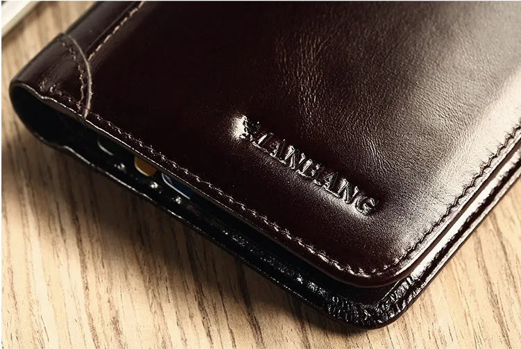 Men's black genuine leather bi-fold wallet open, showing eight card slots, a note compartment, and a zipped coin pouch.