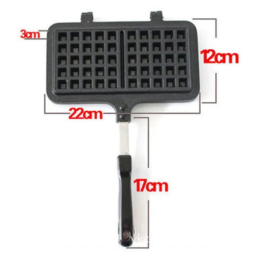 Black non-stick aluminium waffle mold with plaid pattern and heat-resistant handle for gas stoves