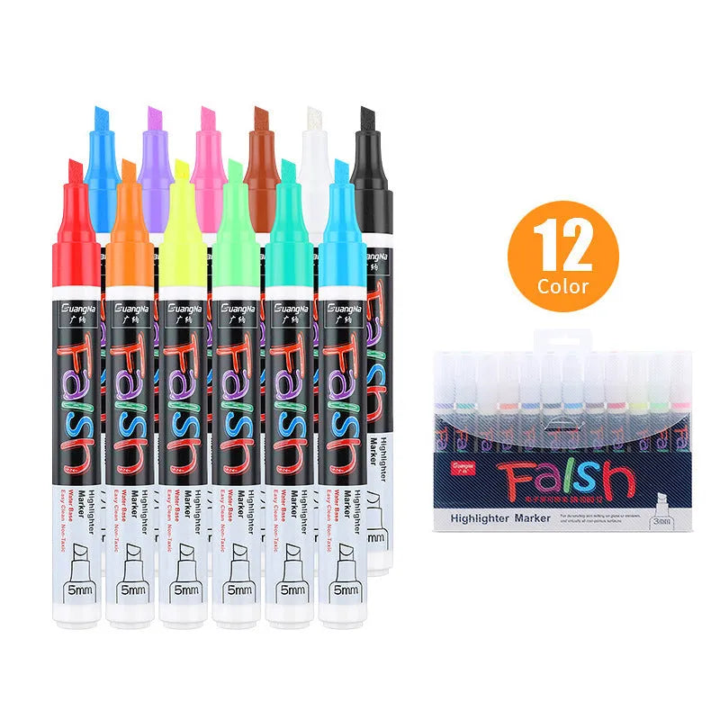 Oblique-shaped electronic fluorescent board highlighter pen with 6mm tip, shown on a card with colour refills.