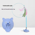 Cat teasing stick with suction cup holder, long brush handle, and bell attachment in various colour options