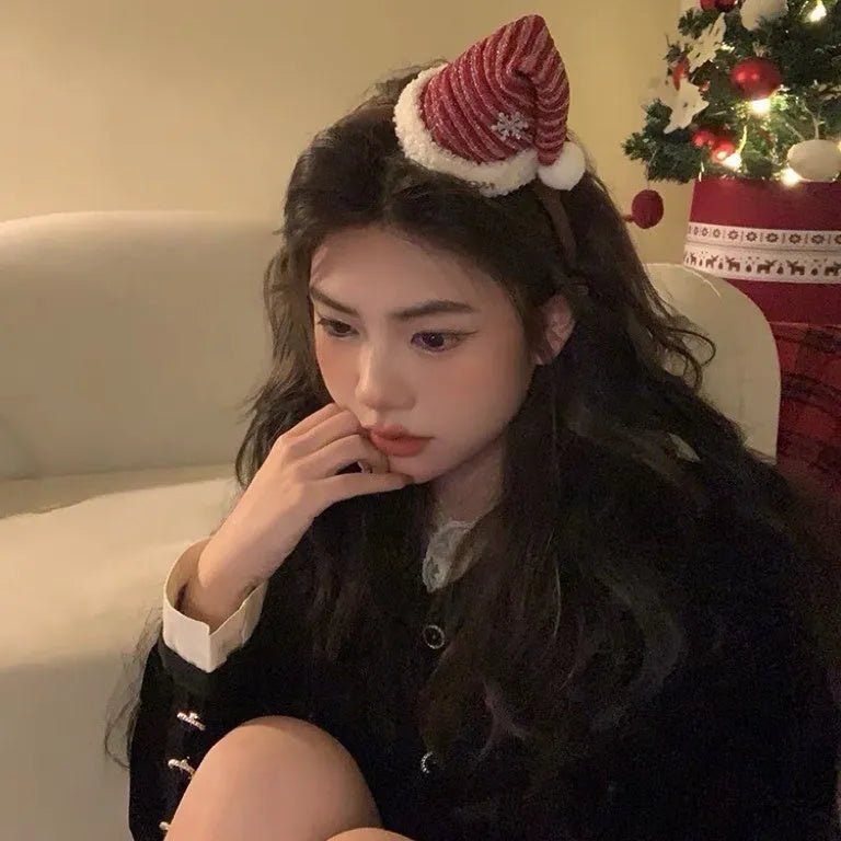 Red plush Christmas hat headband with jingling bell for women