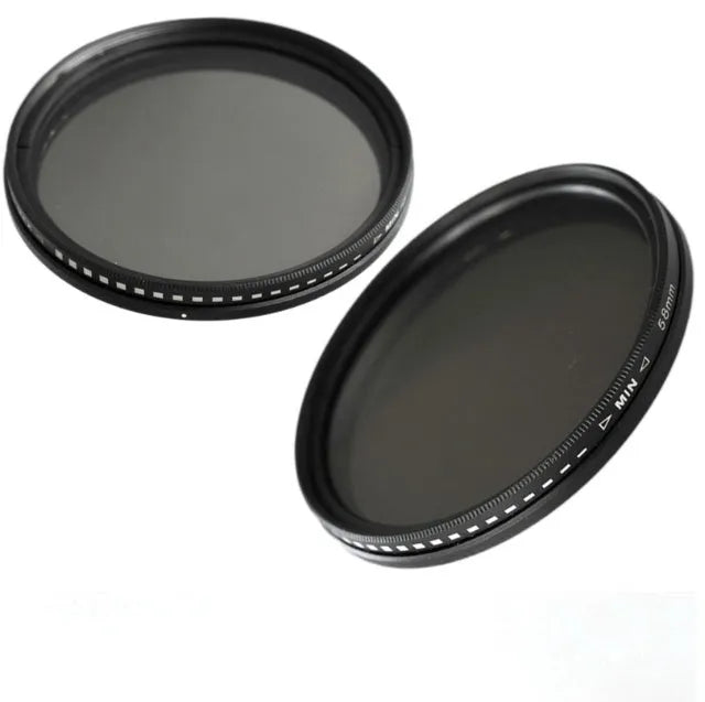 Adjustable camera lens filter mount with a set of four neutral density ND filters for multi-diameter lenses.
