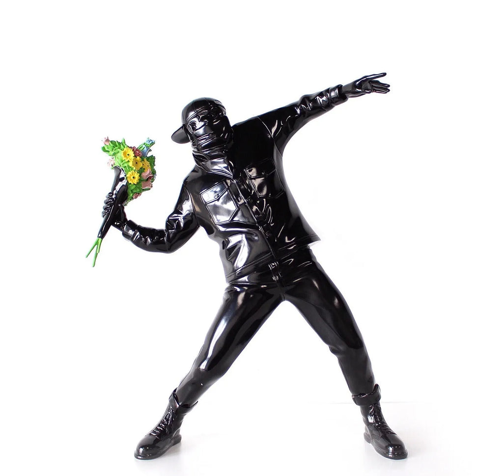 Banksy Throw Flower Boy sculpture decoration, 44cm polystone statue in black or white