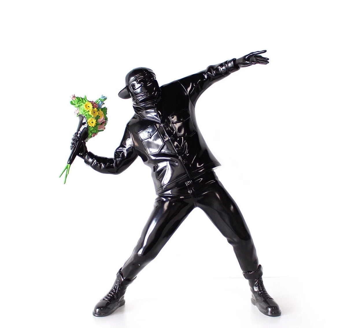 Banksy Throw Flower Boy sculpture decoration, 44cm polystone statue in black or white