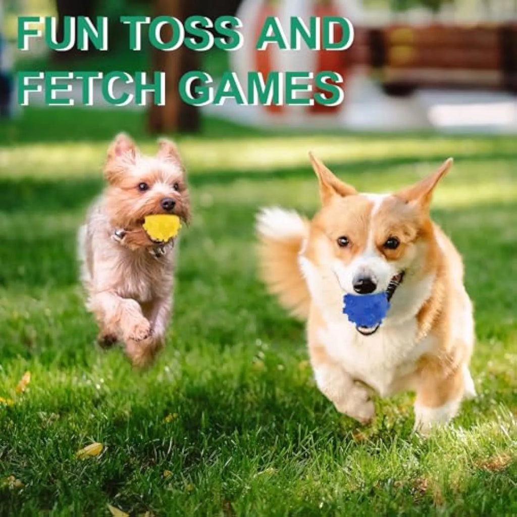 Bright blue, green, pink and yellow spiked squeaky dog balls for small breeds on a grass background.