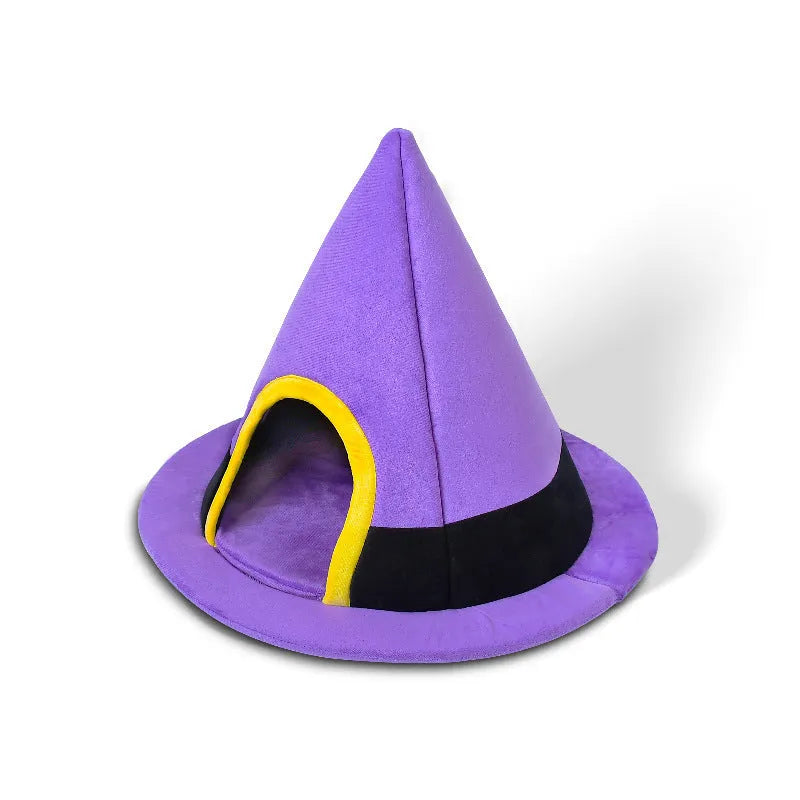 Purple Halloween witch hat shaped cloth cat bed for pets, measuring 60 by 46 centimetres.
