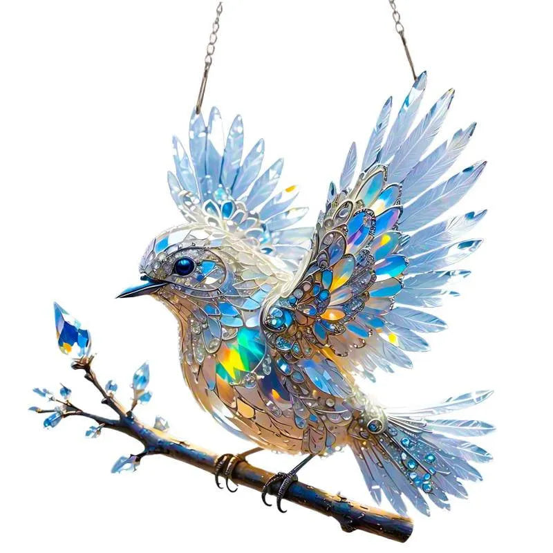 Square acrylic bird pendant with cartoon design on reinforced cardboard backing.