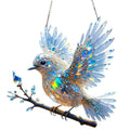Square acrylic bird pendant with cartoon design on reinforced cardboard backing.