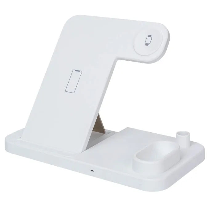 A white 4-in-1 wireless charger folded flat, showing charging pads for phone, Apple Watch, AirPods, and Apple Pencil.