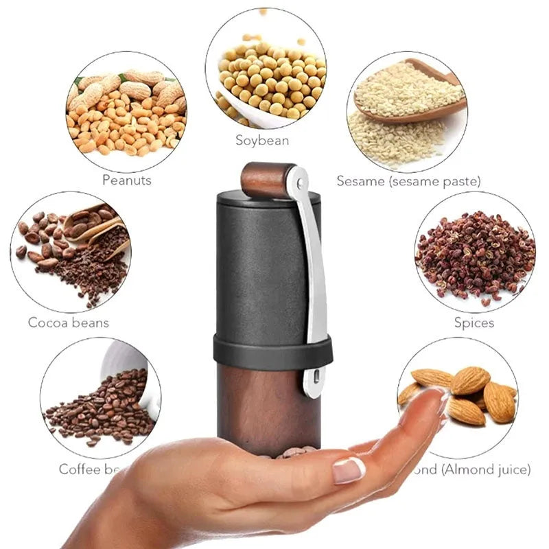 Hand-cranked grinder model YA1467 in black and black walnut wood grain finish, 49mm diameter, 150cm height