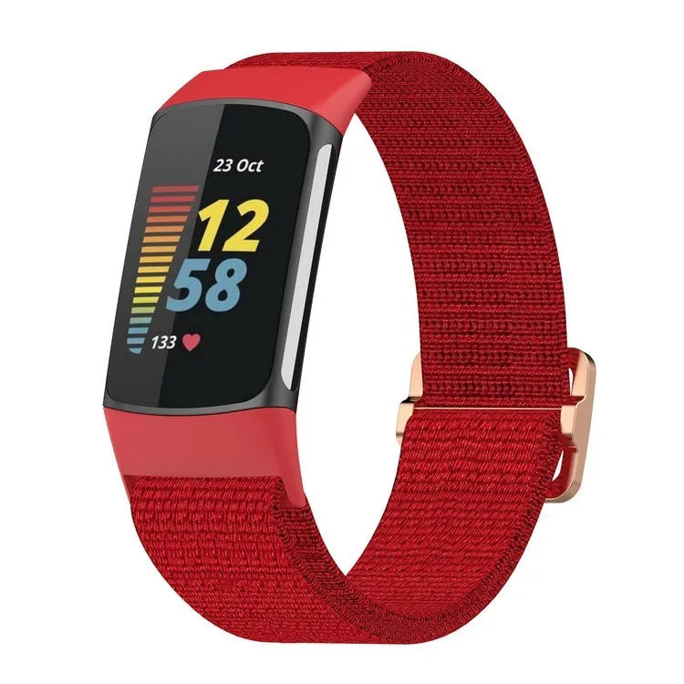 Elastic nylon woven canvas watch band for Fitbit Charge 5 or 6 in Seashell colour on a white background