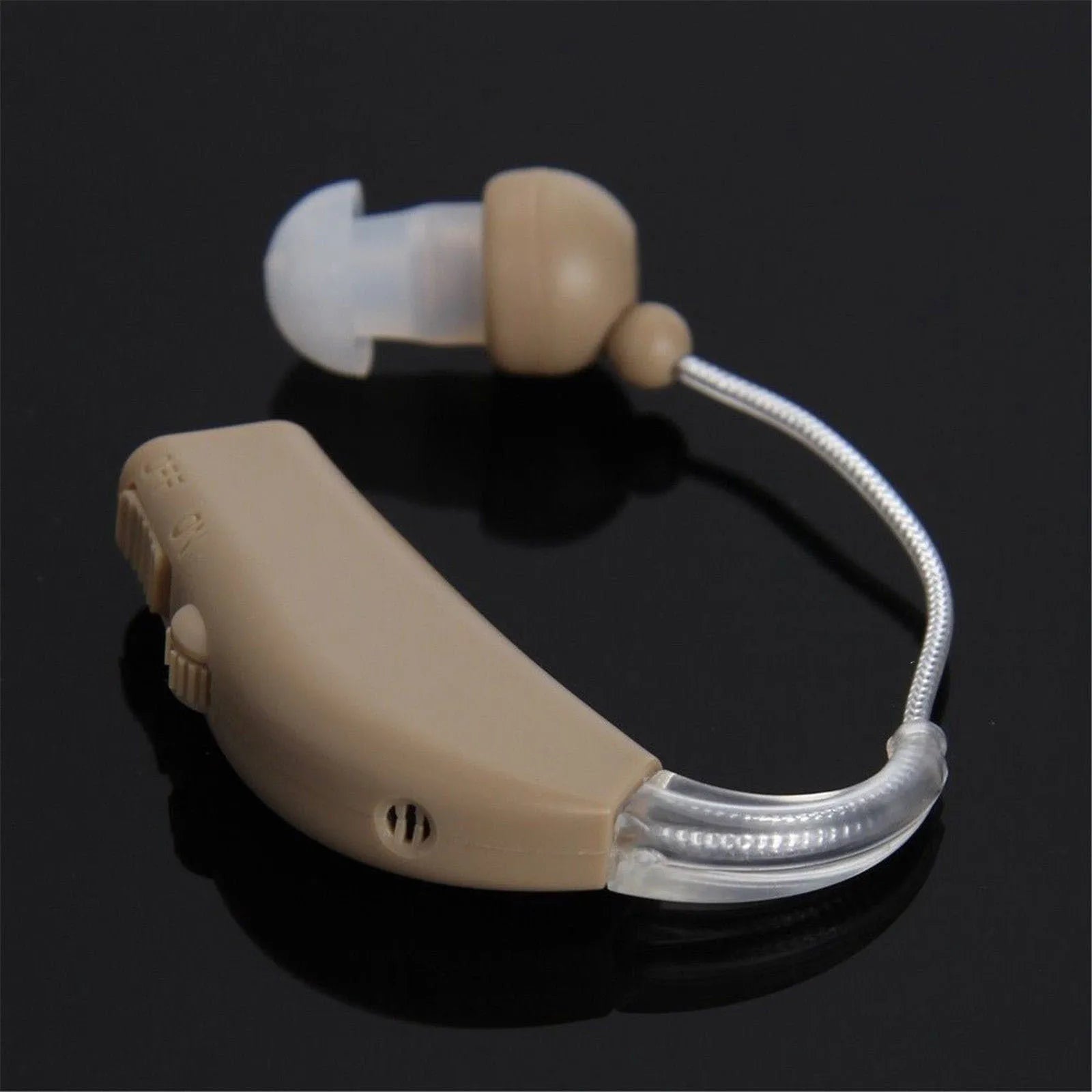 Rechargeable behind-the-ear digital hearing aid amplifier with plastic housing and Mini ear design.