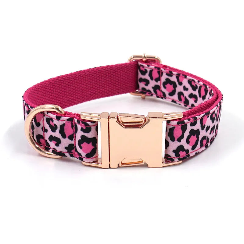 Leopard print rose gold dog collar and leash set on a white background, showing collar and attached leash