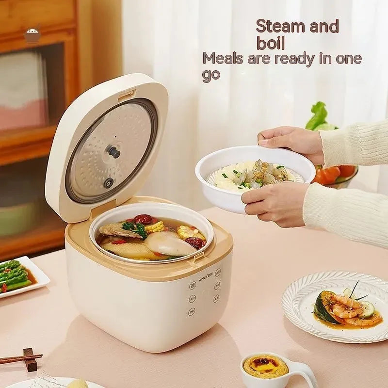 White 3L rice cooker with black inner pot and included accessories