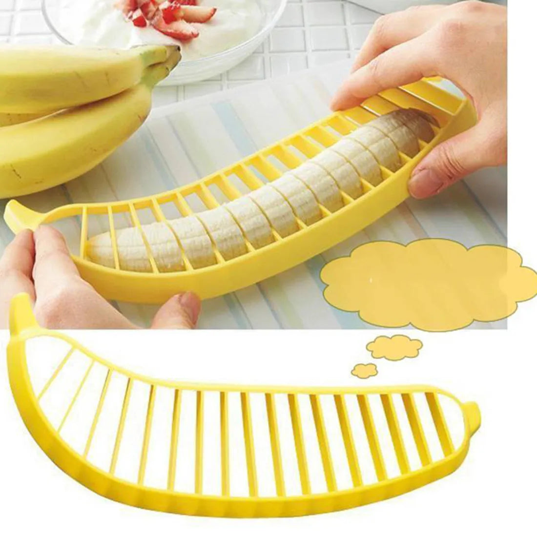 Yellow banana cutter made from food grade PP, approx. 25 x 7 x 1.4 cm, for slicing a whole banana in one motion