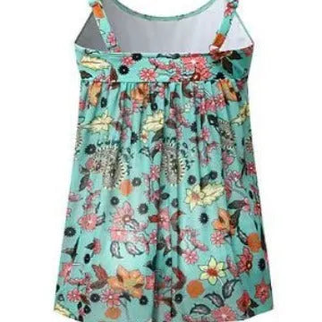 Conservative one-piece floral swimsuit in emerald green polyester with sleeveless design, available in sizes S to XXL