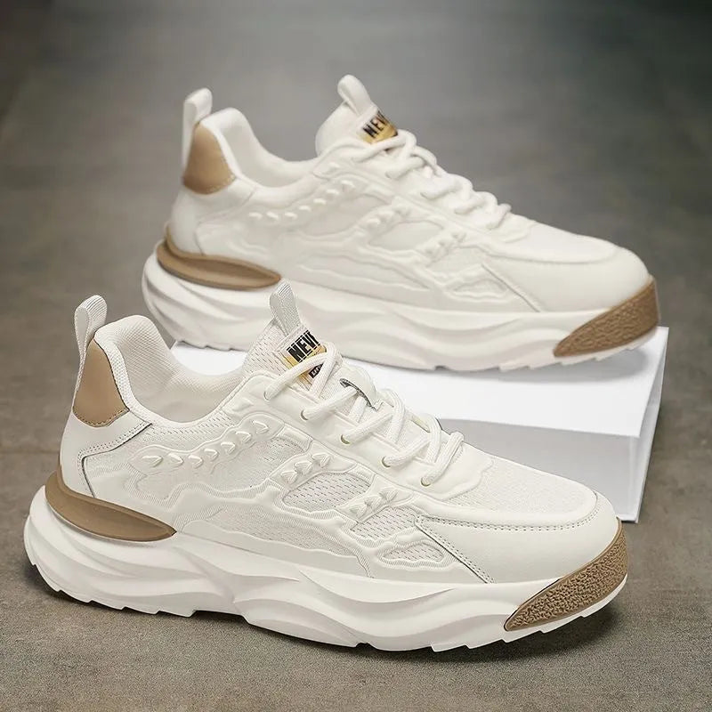 Men's white and black breathable mesh shoes with round toe and PU upper in sizes 39-44