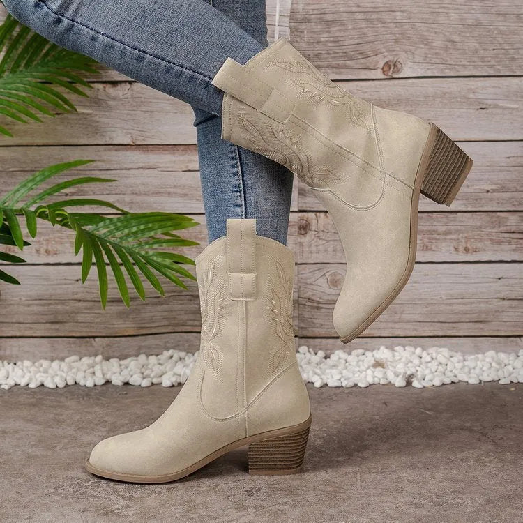 Women's suede mid-calf boots with V cut embroidered sleeve, chunky 3-5cm heel and pointed toe in Camel