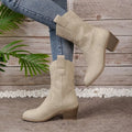 Women's suede mid-calf boots with V cut embroidered sleeve, chunky 3-5cm heel and pointed toe in Camel