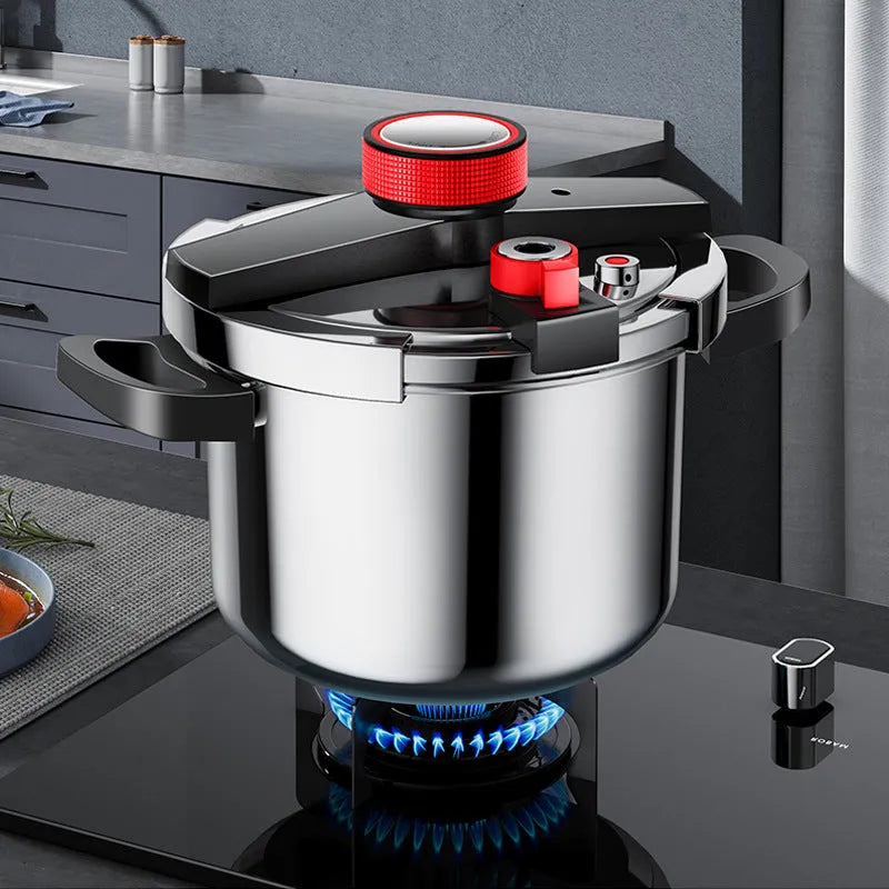Stainless steel 6 litre pressure cooker with three-speed lid and non-stick interior