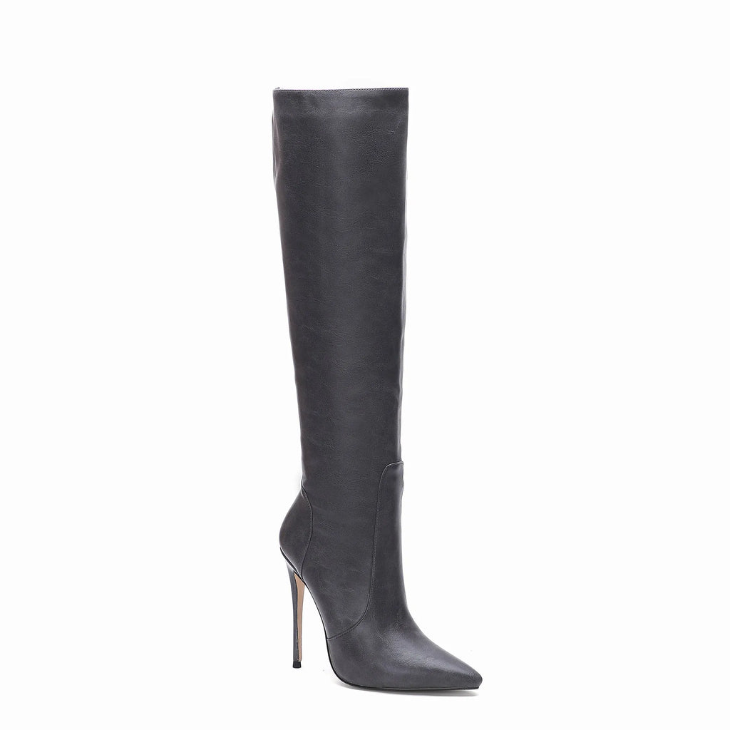 Women's stiletto heel fashion boots in dark gray, super high heel above 8cm, pointed toe, mid-calf shaft, artificial PU upper