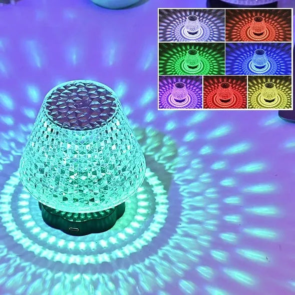 Crystal decorative table lamp with touch base on a nightstand, showing colour changing LED light.