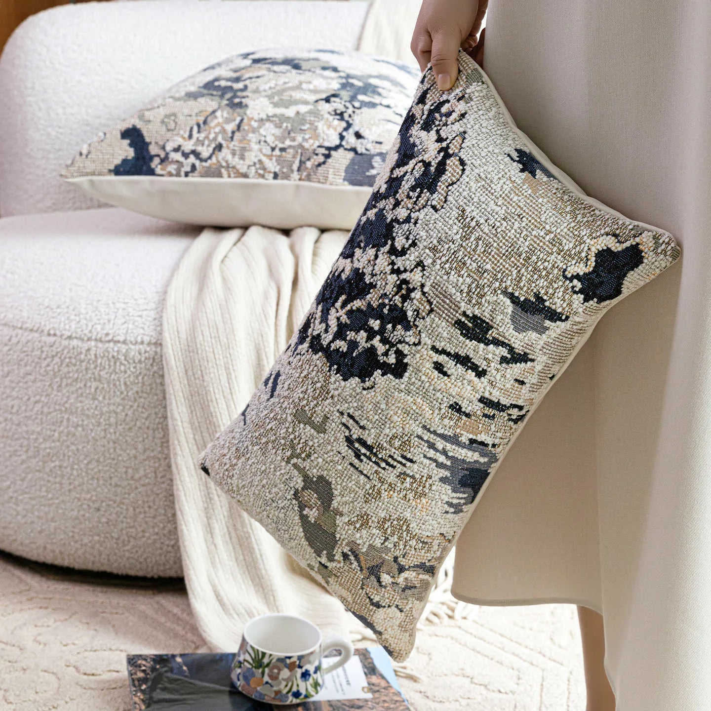 Antique blue floral artistic pattern on a square and a bolster decorative pillowcase.